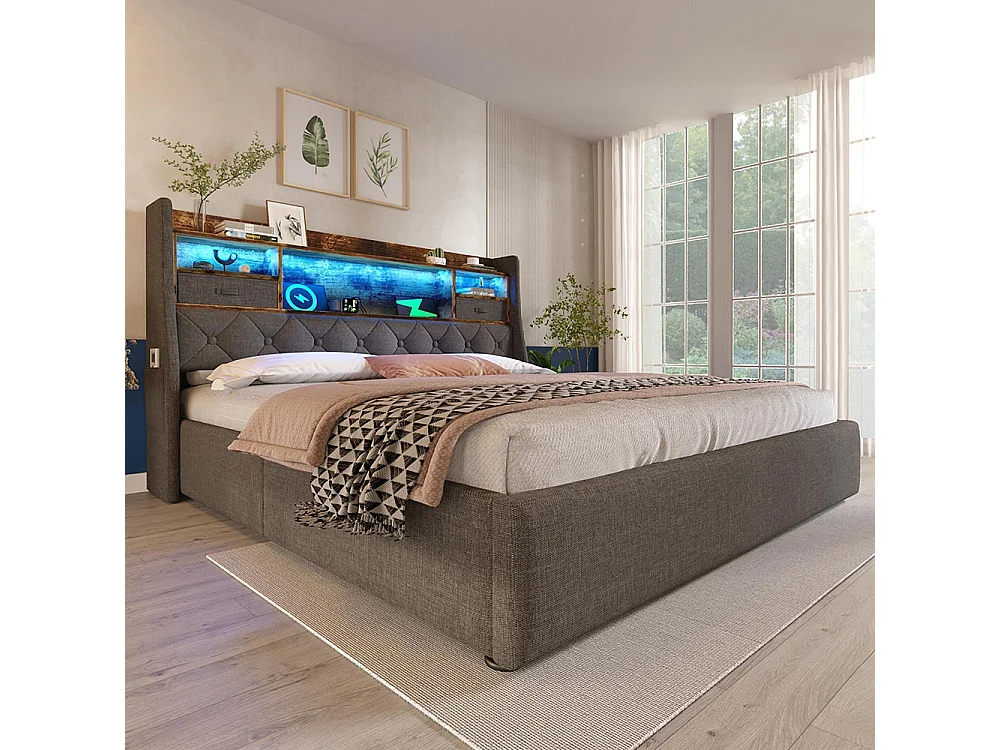 Lit coffre rembourré 160x200 cm espace rangement hydraulique tête lit LED 4 stations recharge USB Type-C double sommier lattes tissu lin gris avec matelas