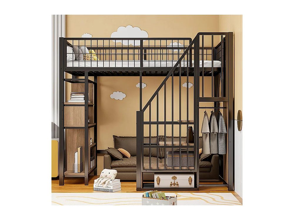 Lit mezzanine multifonctionnel 90x200 cm en métal avec rangement étagères escalier pour adulte et enfant noir