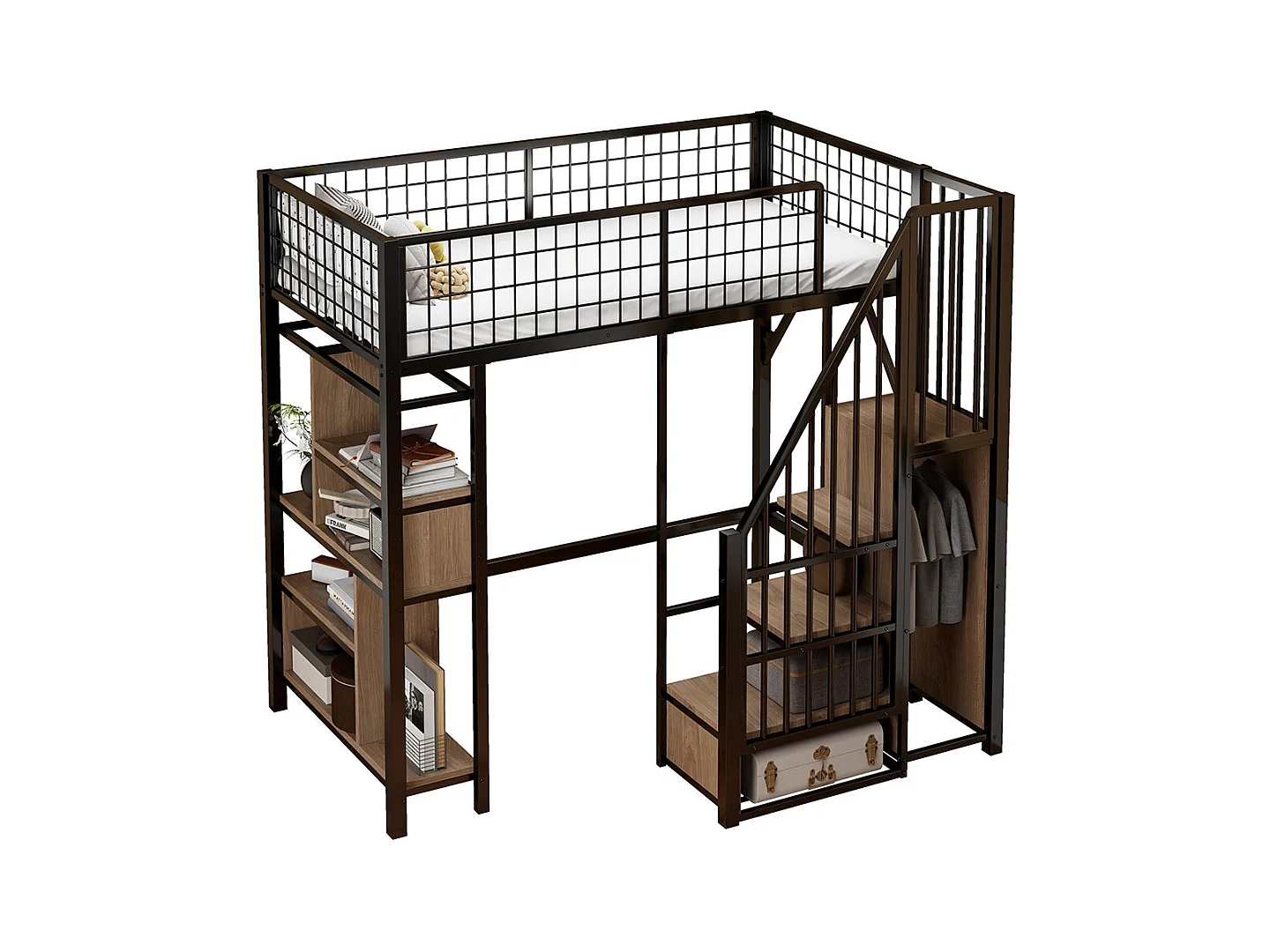 Lit mezzanine multifonctionnel 90x200 cm en métal avec rangement étagères escalier pour adulte et enfant noir