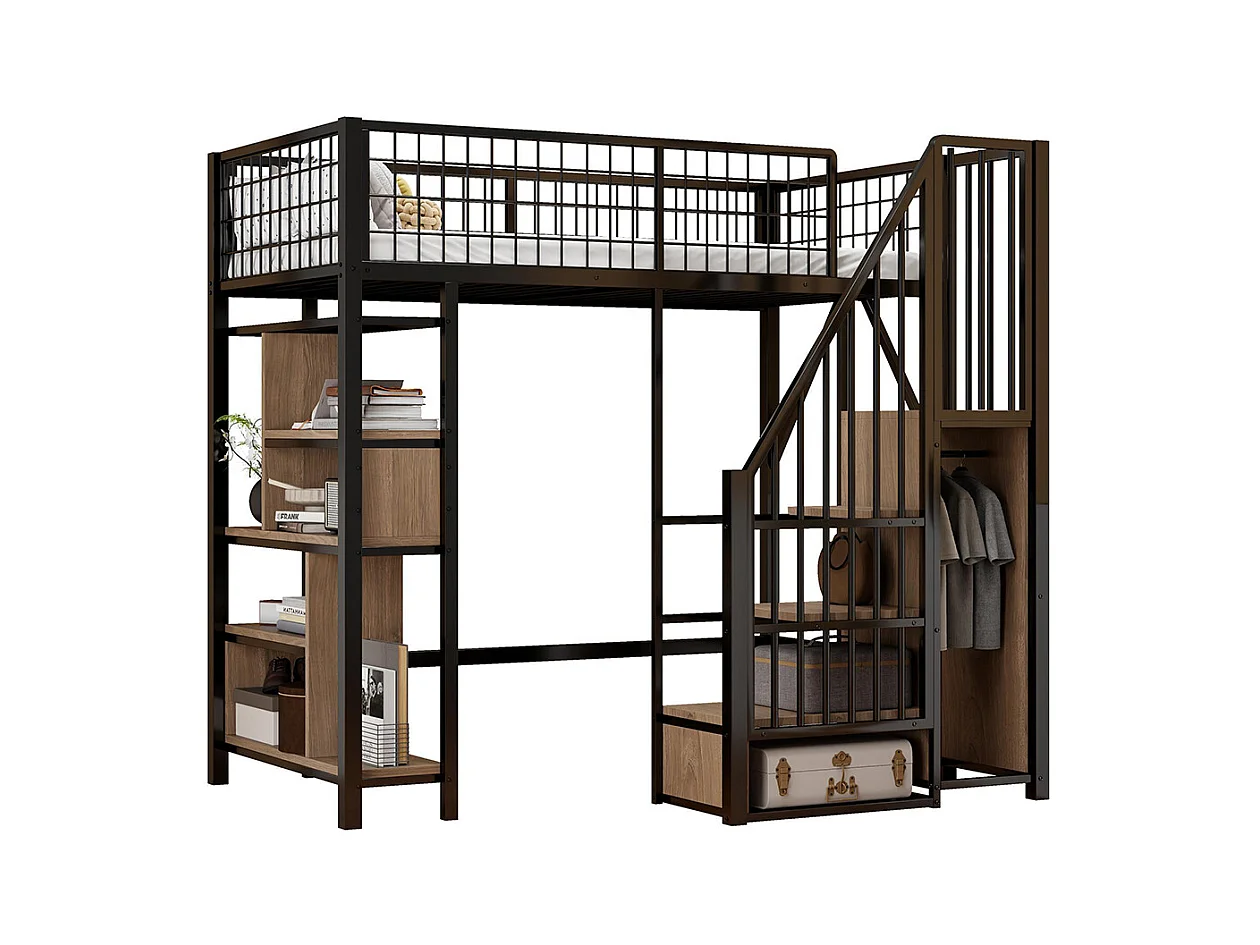 Lit mezzanine multifonctionnel 90x200 cm en métal avec rangement étagères escalier pour adulte et enfant noir