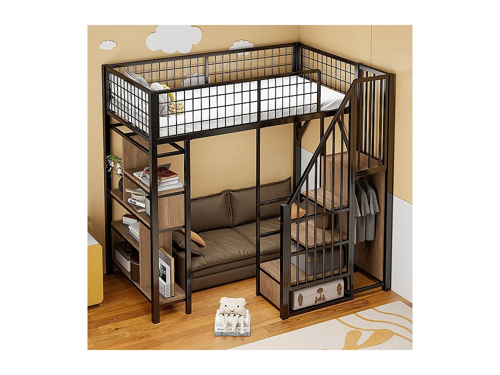 Lit mezzanine multifonctionnel 90x200 cm en métal avec rangement étagères escalier pour adulte et enfant noir