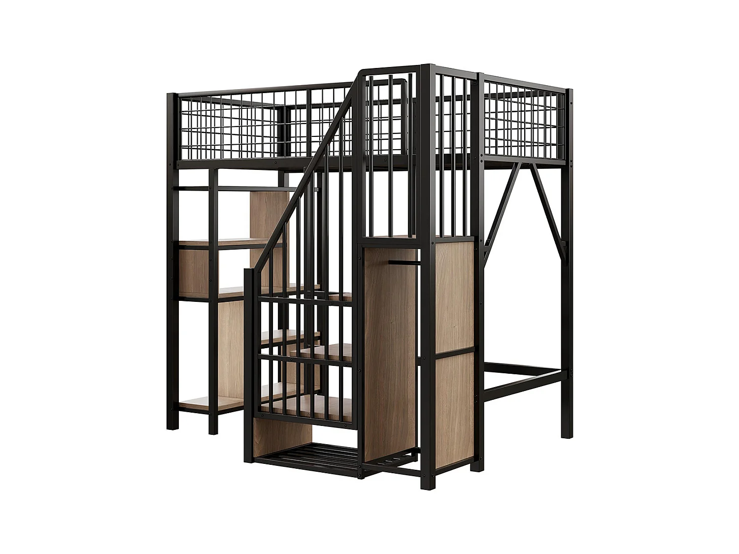 Lit mezzanine multifonctionnel 90x200 cm en métal avec rangement étagères escalier pour adulte et enfant noir