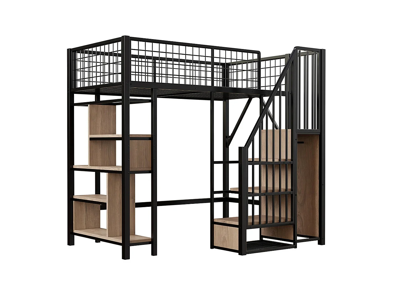 Lit mezzanine multifonctionnel 90x200 cm en métal avec rangement étagères escalier pour adulte et enfant noir