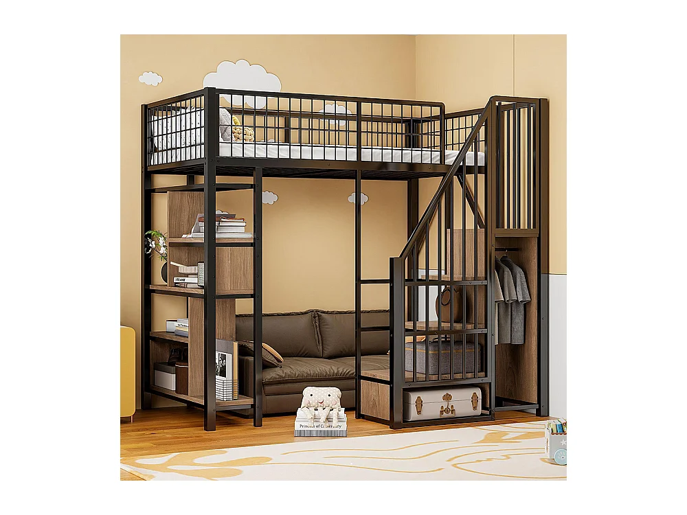 Lit mezzanine multifonctionnel 90x200 cm en métal avec rangement étagères escalier pour adulte et enfant noir