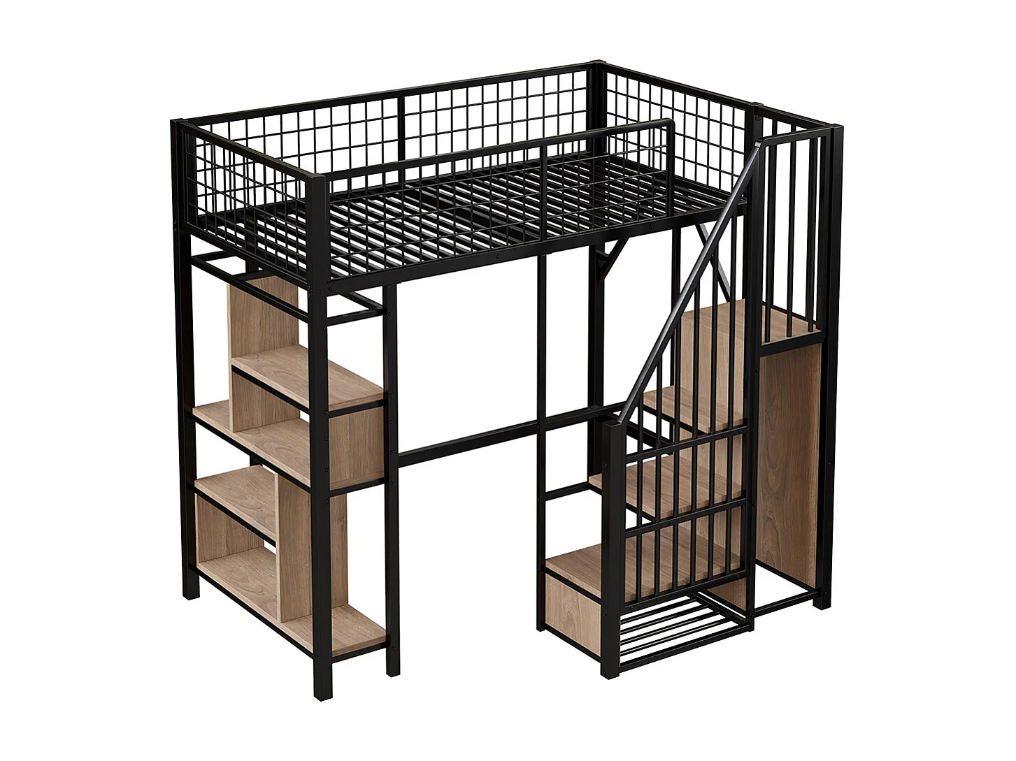 Lit mezzanine multifonctionnel 90x200 cm en métal avec rangement étagères escalier pour adulte et enfant noir