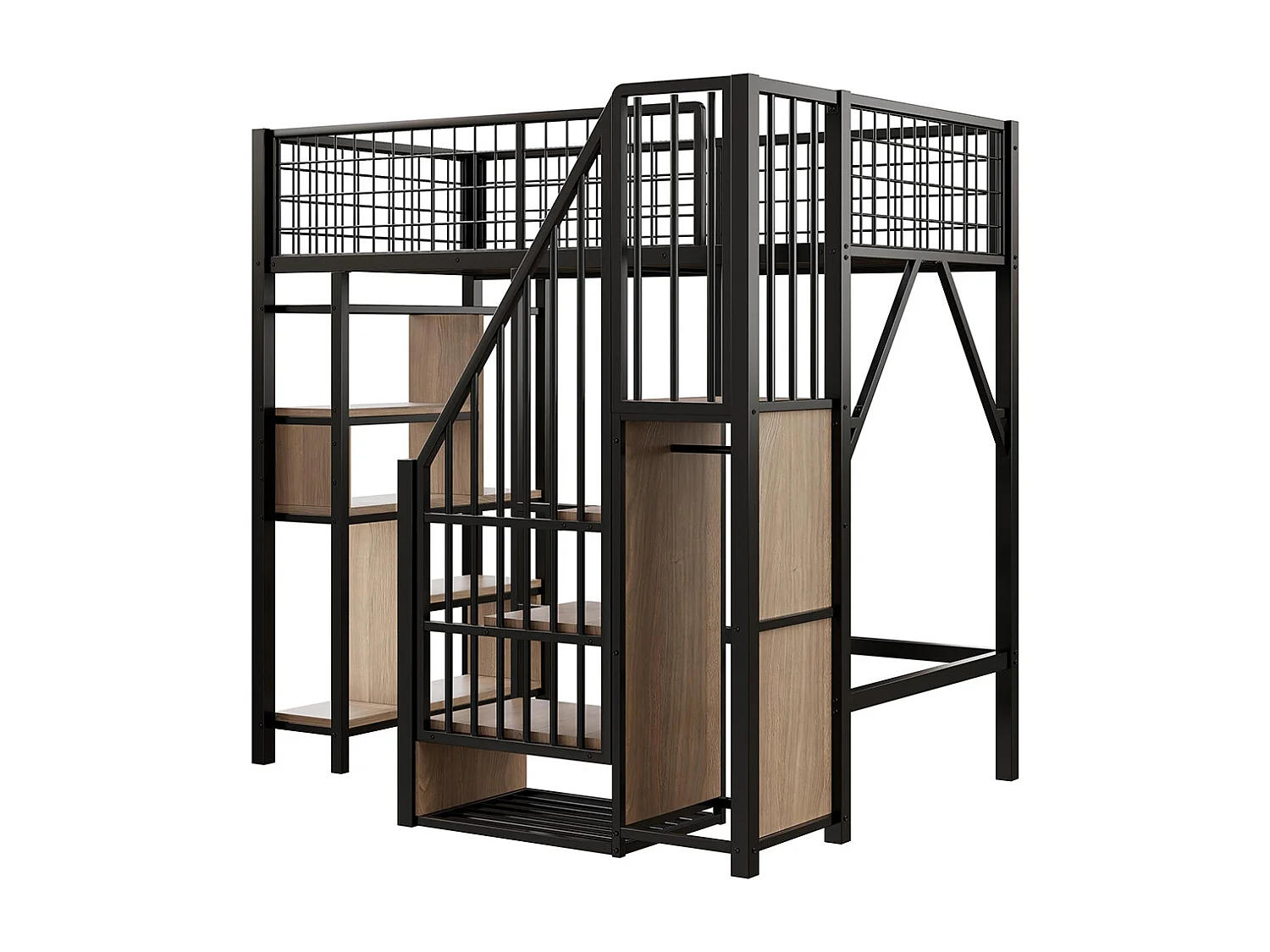 Lit mezzanine multifonctionnel 90x200 cm en métal avec rangement étagères escalier pour adulte et enfant noir
