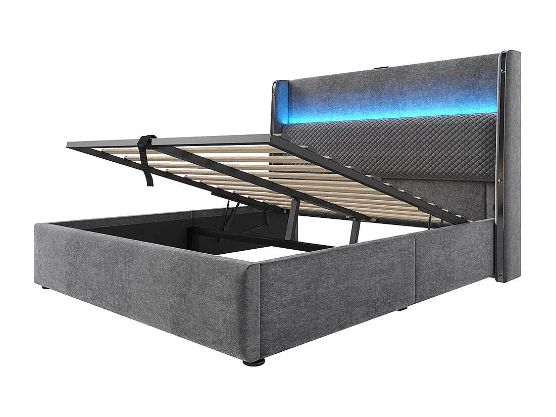Lit coffre moderne tête lit haute double 160x200 cm éclairage LED espace rangement ports USB Type-C aspect lin gris avec matelas
