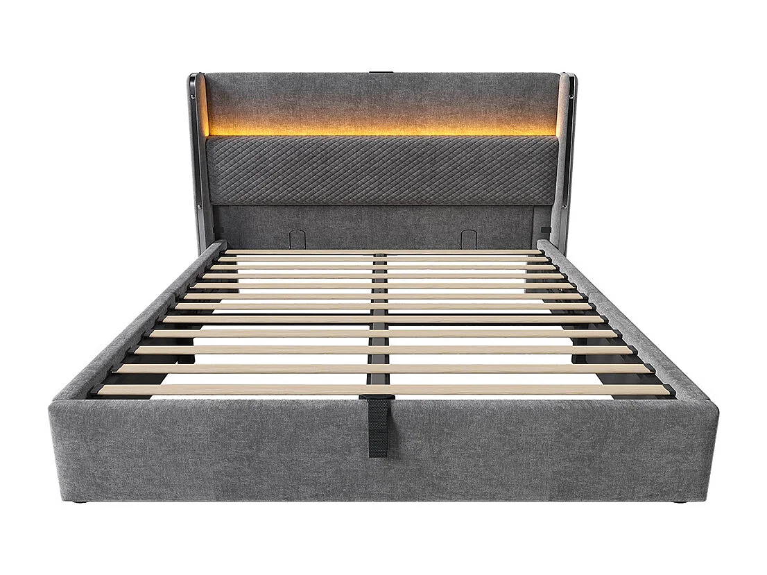 Lit coffre moderne tête lit haute double 160x200 cm éclairage LED espace rangement ports USB Type-C aspect lin gris avec matelas