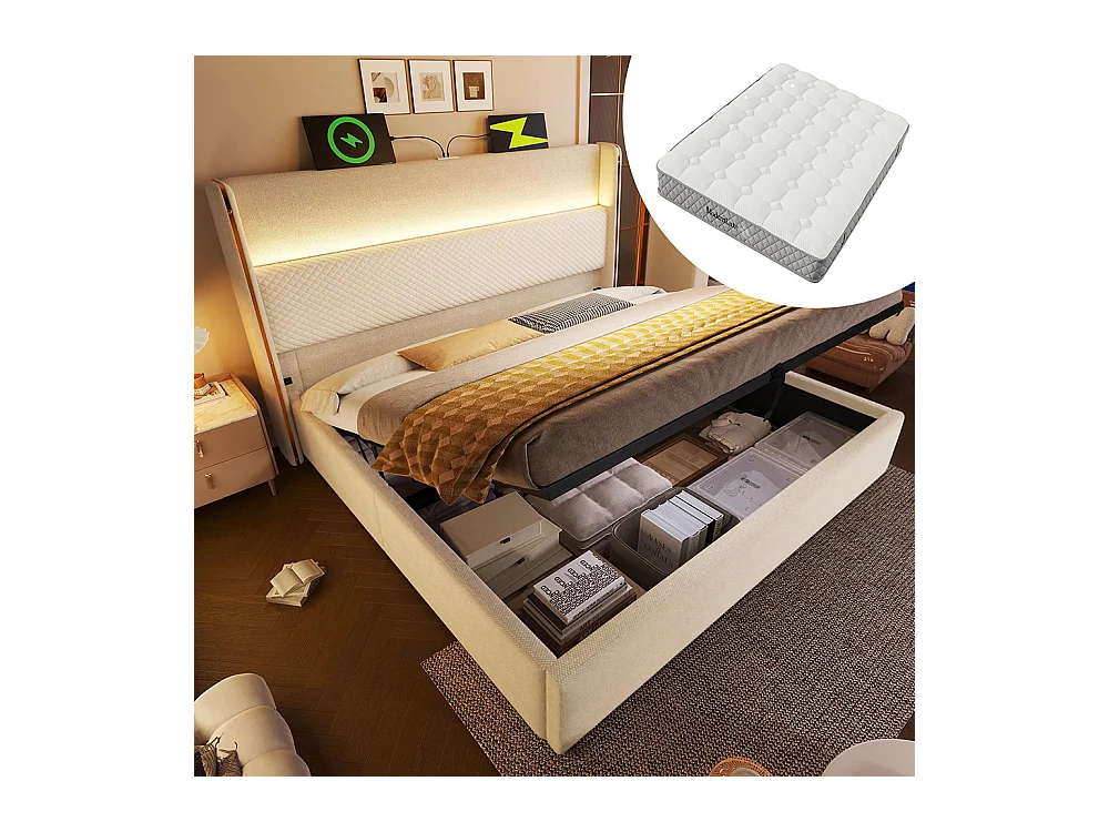 Lit coffre moderne tête lit haute double 160x200 cm éclairage LED espace rangement ports USB Type-C aspect lin beige avec matelas