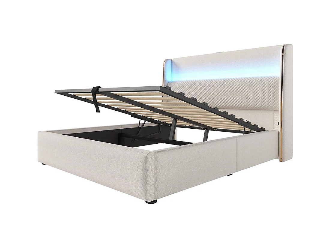 Lit coffre moderne tête lit haute double 160x200 cm éclairage LED espace rangement ports USB Type-C aspect lin beige avec matelas