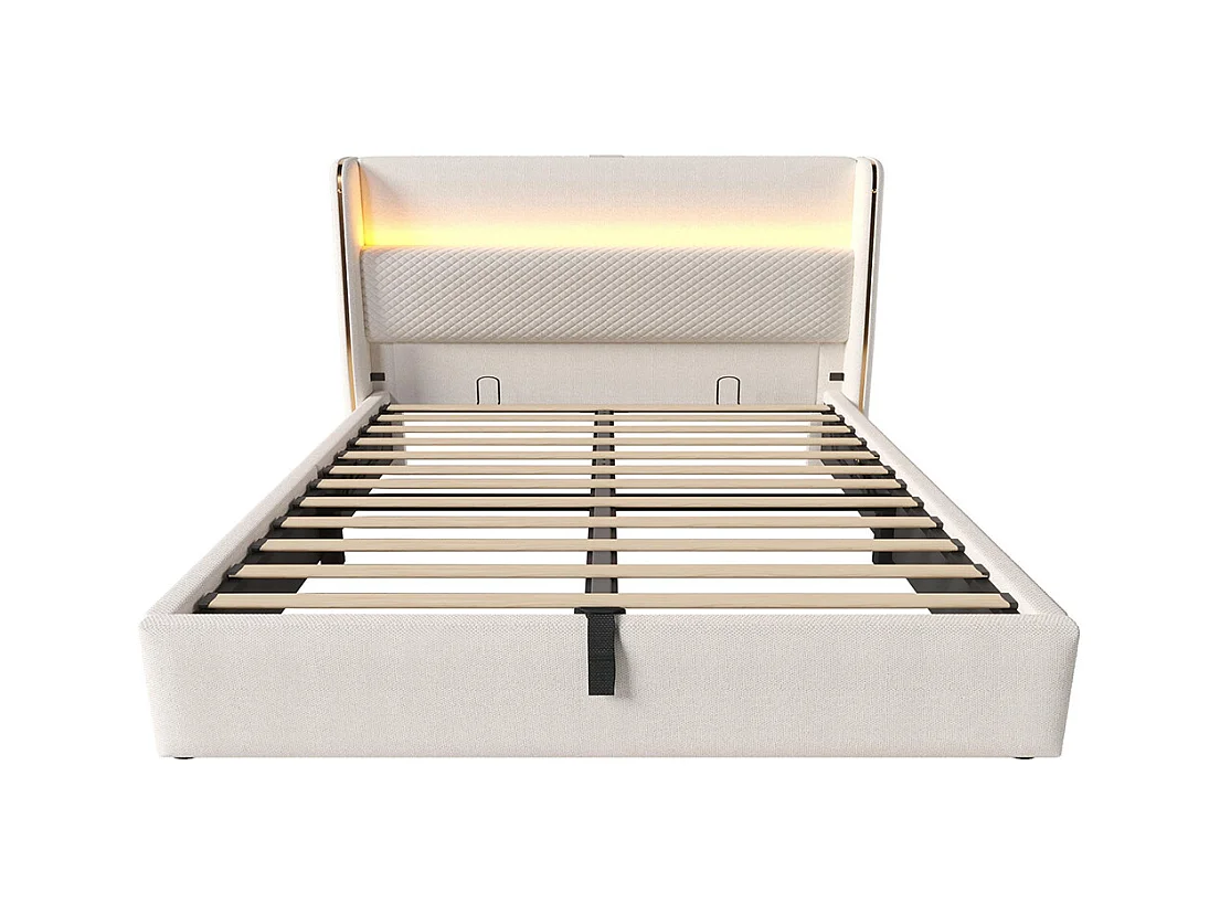Lit coffre moderne tête lit haute double 160x200 cm éclairage LED espace rangement ports USB Type-C aspect lin beige avec matelas