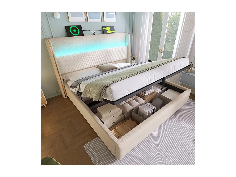 Lit coffre moderne tête lit haute double 160x200 cm éclairage LED espace rangement ports USB Type-C aspect lin beige avec matelas