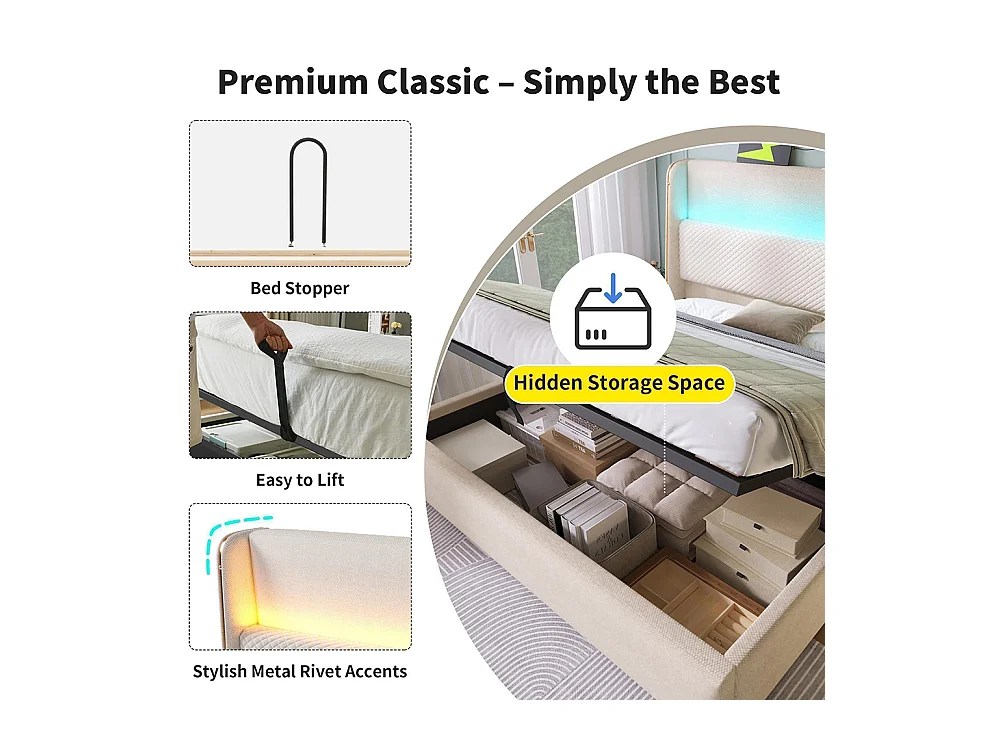 Lit coffre moderne tête lit haute double 160x200 cm éclairage LED espace rangement ports USB Type-C aspect lin beige avec matelas