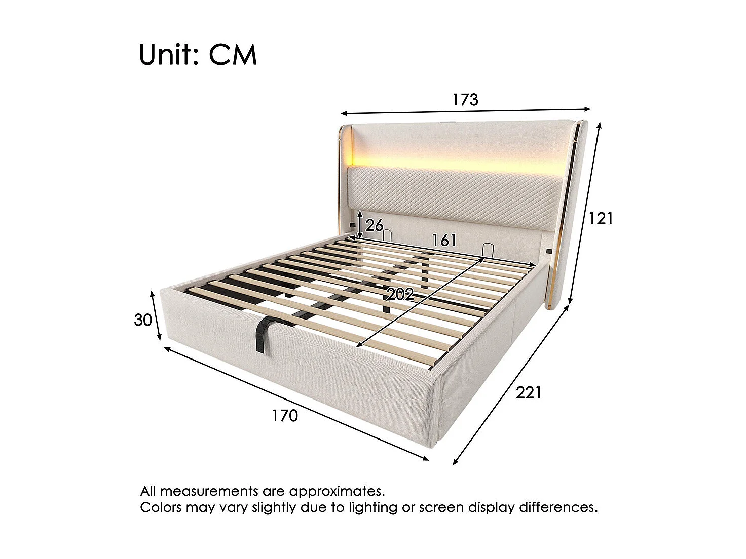 Lit coffre moderne tête lit haute double 160x200 cm éclairage LED espace rangement ports USB Type-C aspect lin beige avec matelas