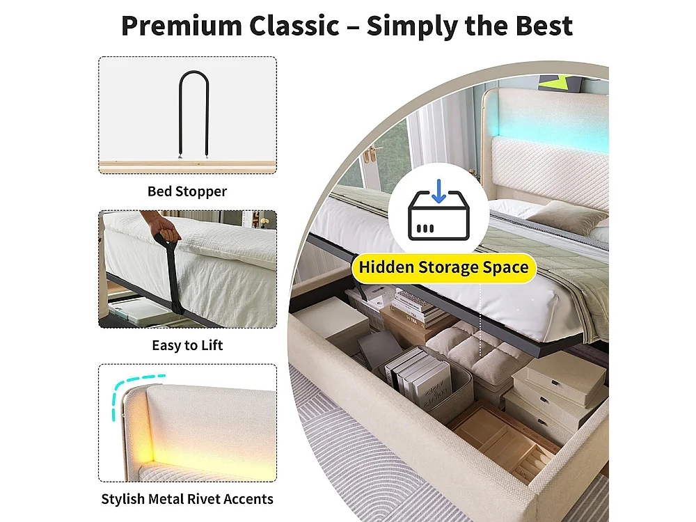 Lit coffre moderne tête lit haute double 160x200 cm éclairage LED espace rangement ports USB Type-C aspect lin beige avec matelas