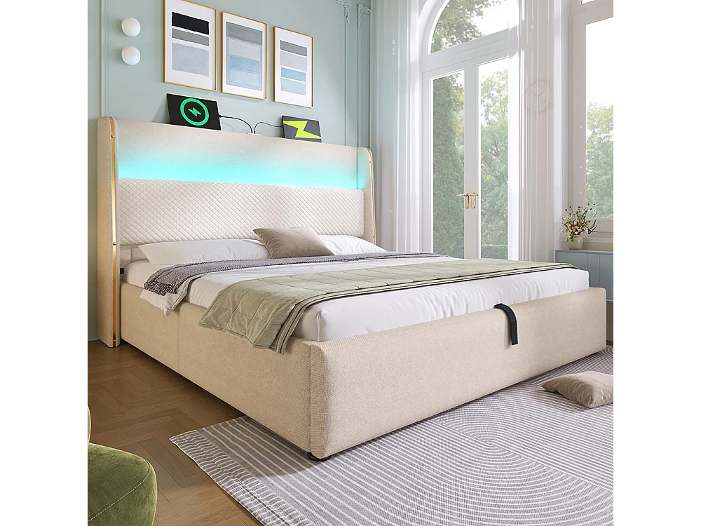 Lit coffre moderne tête lit haute double 160x200 cm éclairage LED espace rangement ports USB Type-C aspect lin beige avec matelas
