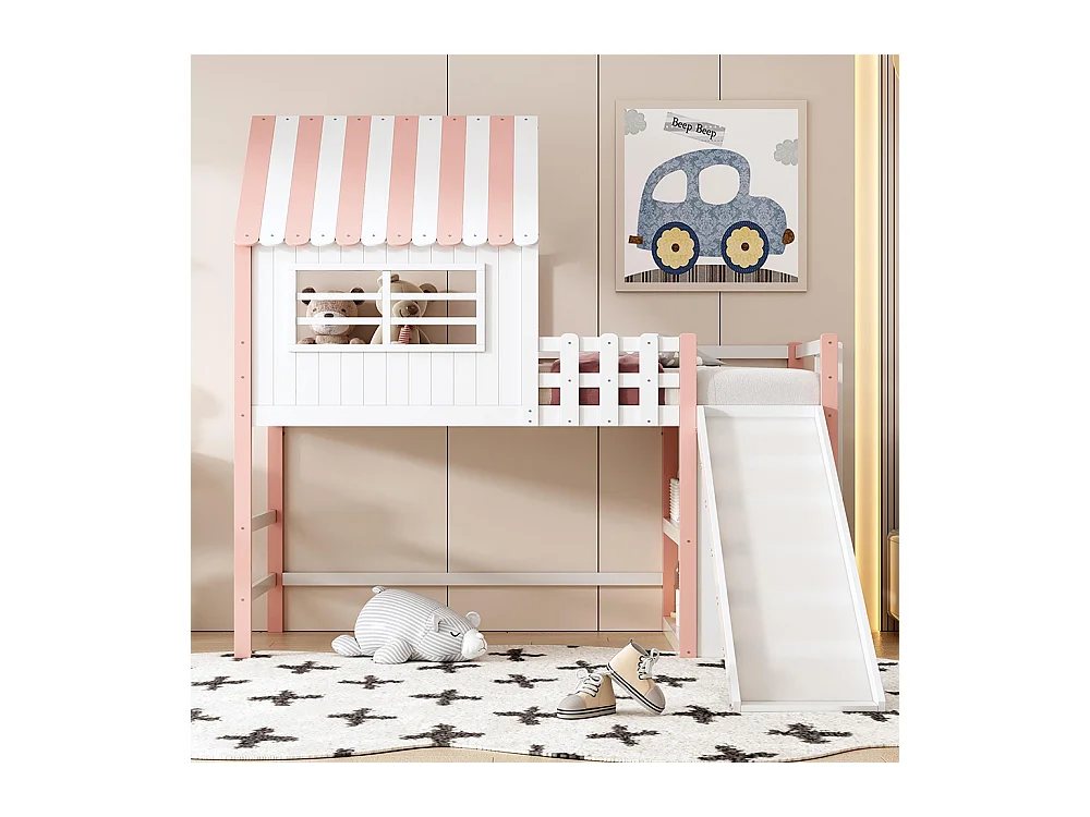 Lit mezzanine enfant 90x200 cm style grenier avec échelle toboggan sécurité rangement multiple multifonctionnel bois massif simple rose