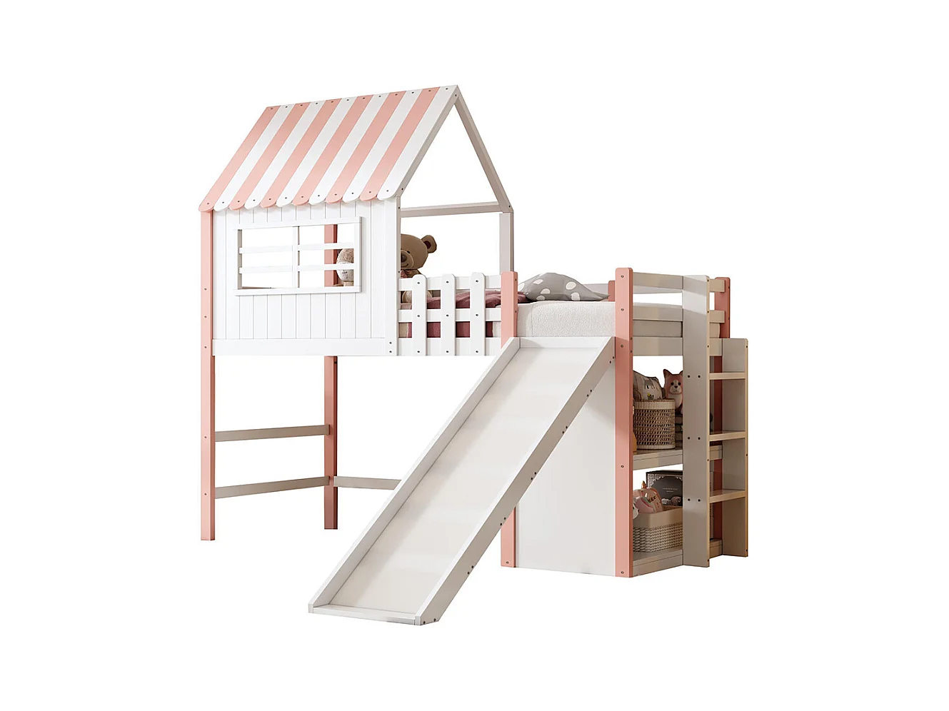 Lit mezzanine enfant 90x200 cm style grenier avec échelle toboggan sécurité rangement multiple multifonctionnel bois massif simple rose