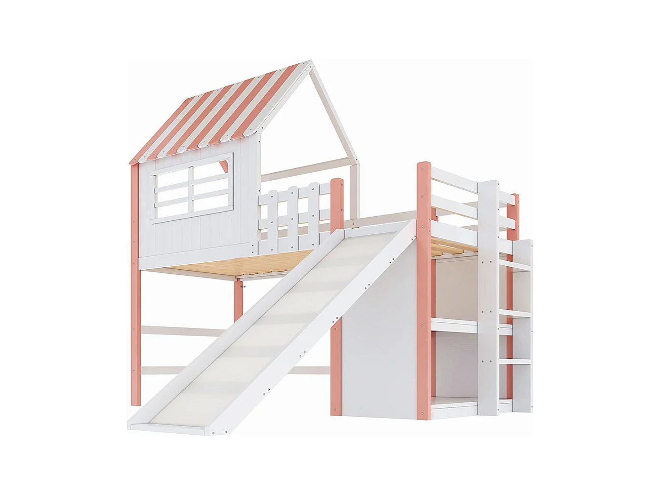 Lit mezzanine enfant 90x200 cm style grenier avec échelle toboggan sécurité rangement multiple multifonctionnel bois massif simple rose