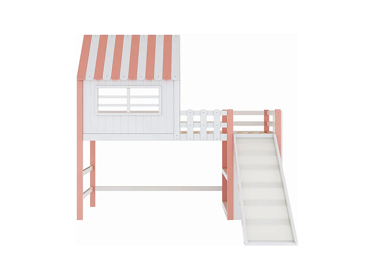 Lit mezzanine enfant 90x200 cm style grenier avec échelle toboggan sécurité rangement multiple multifonctionnel bois massif simple rose