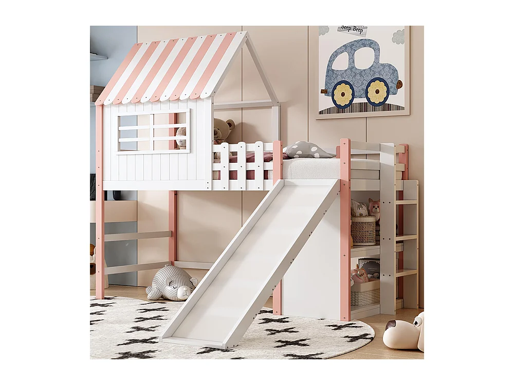 Lit mezzanine enfant 90x200 cm style grenier avec échelle toboggan sécurité rangement multiple multifonctionnel bois massif simple rose