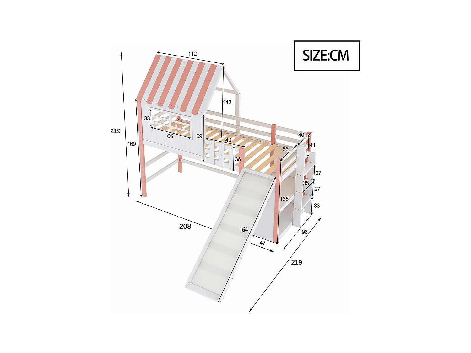 Lit mezzanine enfant 90x200 cm style grenier avec échelle toboggan sécurité rangement multiple multifonctionnel bois massif simple rose