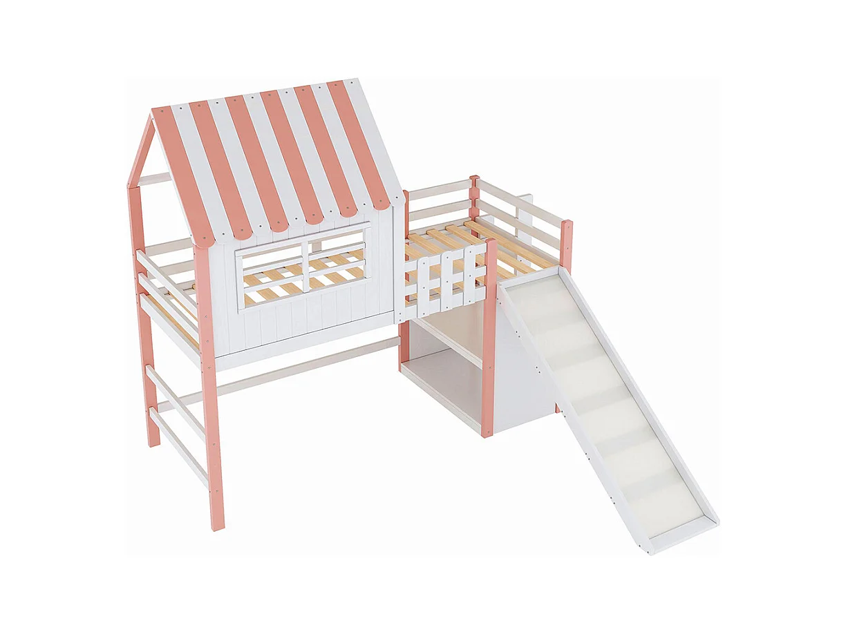 Lit mezzanine enfant 90x200 cm style grenier avec échelle toboggan sécurité rangement multiple multifonctionnel bois massif simple rose