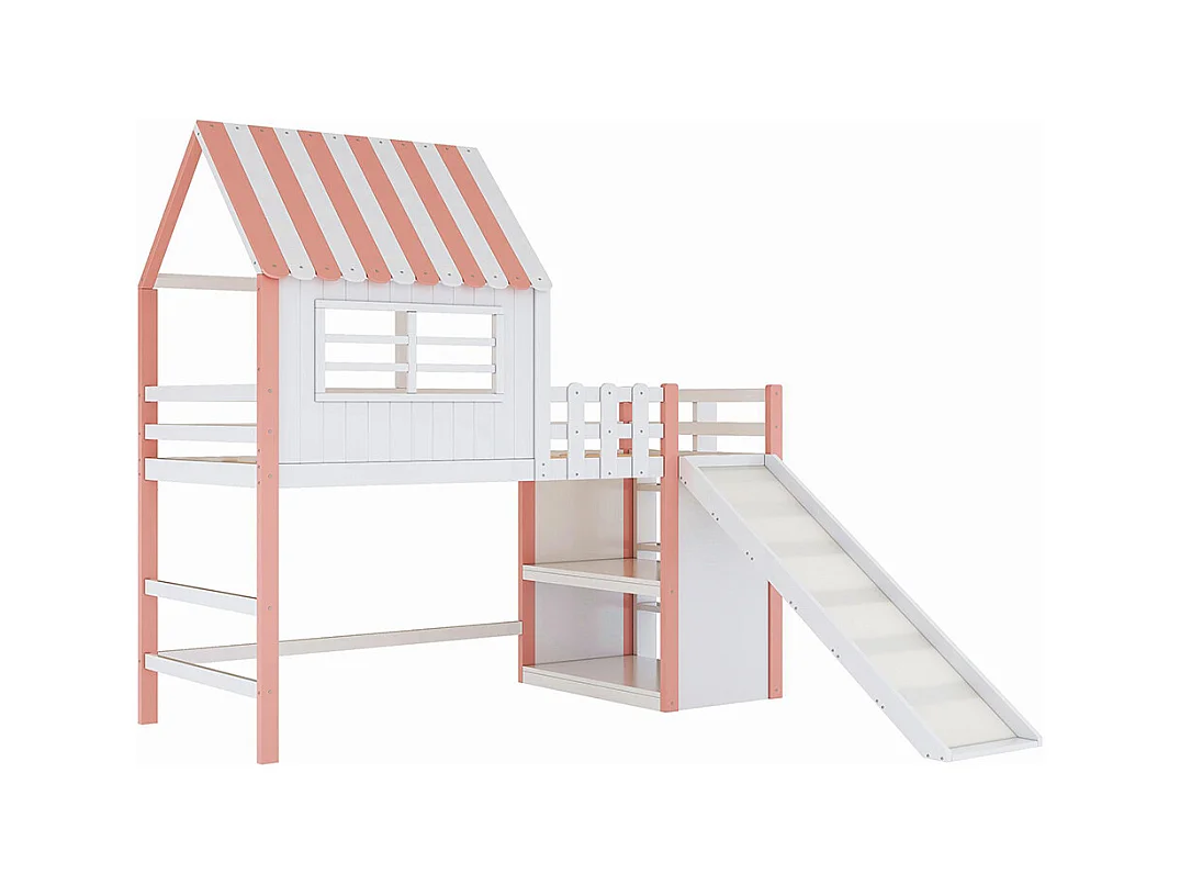 Lit mezzanine enfant 90x200 cm style grenier avec échelle toboggan sécurité rangement multiple multifonctionnel bois massif simple rose