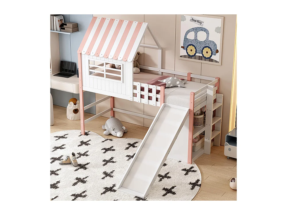 Lit mezzanine enfant 90x200 cm style grenier avec échelle toboggan sécurité rangement multiple multifonctionnel bois massif simple rose