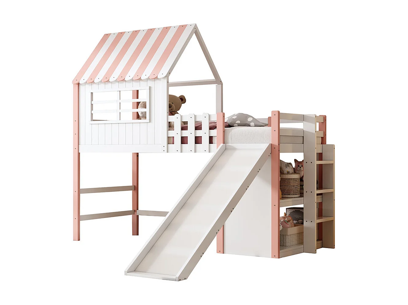 Lit mezzanine enfant 90x200 cm style grenier avec échelle toboggan sécurité rangement multiple multifonctionnel bois massif simple rose