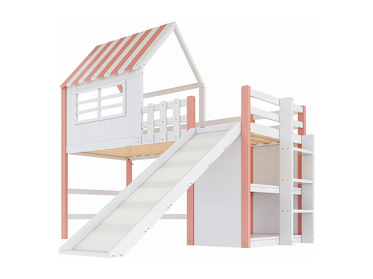 Lit mezzanine enfant 90x200 cm style grenier avec échelle toboggan sécurité rangement multiple multifonctionnel bois massif simple rose