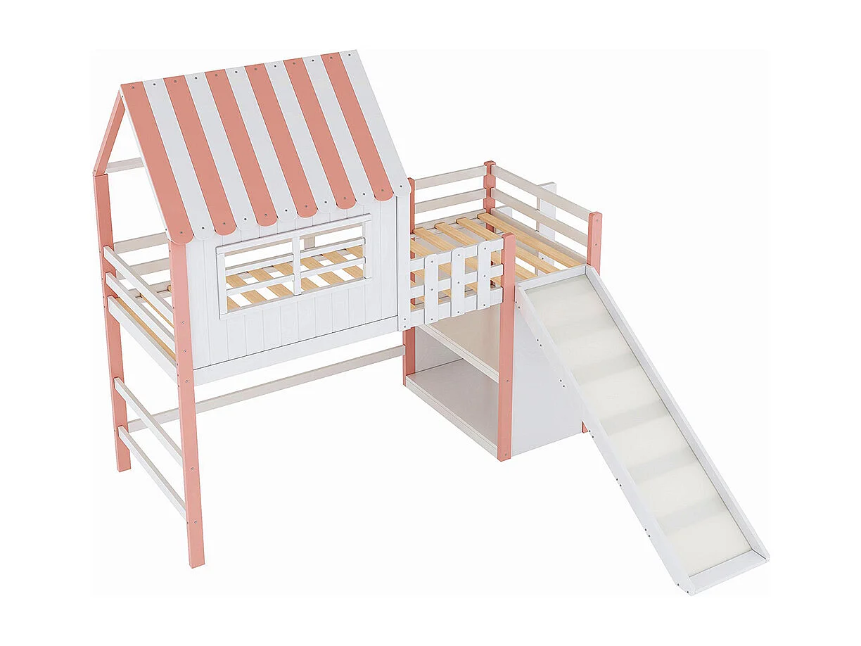Lit mezzanine enfant 90x200 cm style grenier avec échelle toboggan sécurité rangement multiple multifonctionnel bois massif simple rose
