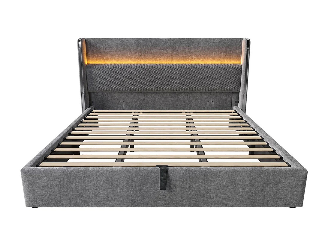 Lit coffre moderne tête lit haute double 180x200 cm éclairage LED espace rangement ports USB Type-C aspect lin gris avec matelas