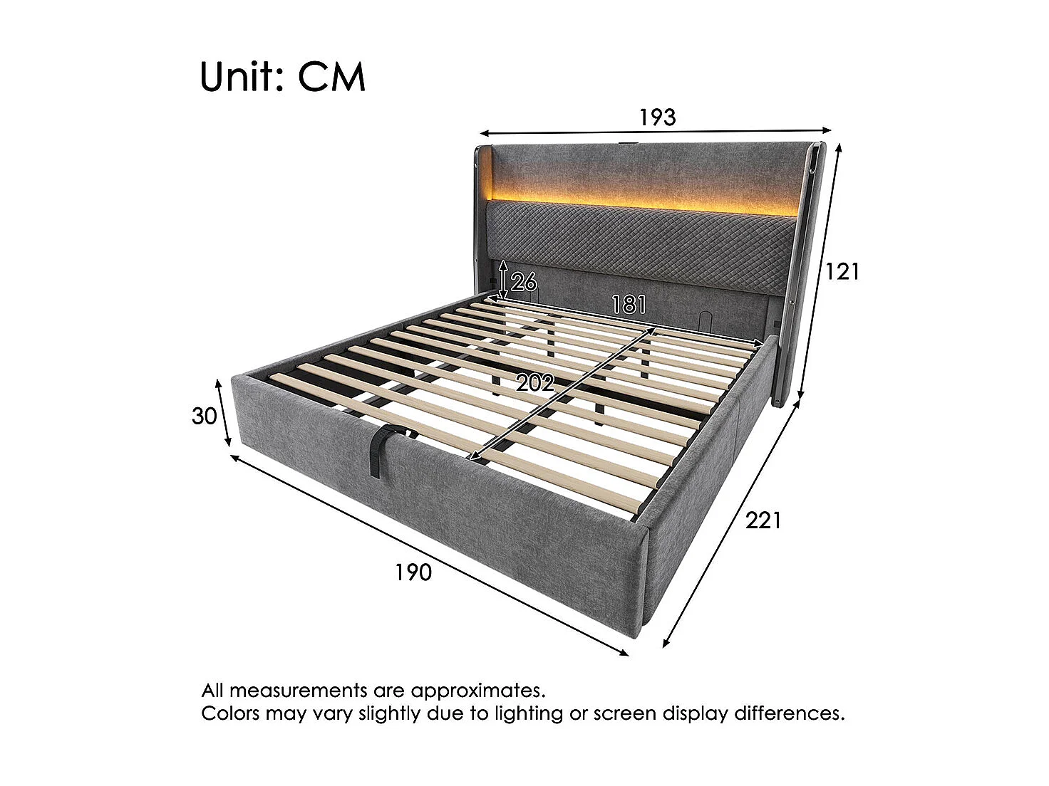 Lit coffre moderne tête lit haute double 180x200 cm éclairage LED espace rangement ports USB Type-C aspect lin gris avec matelas