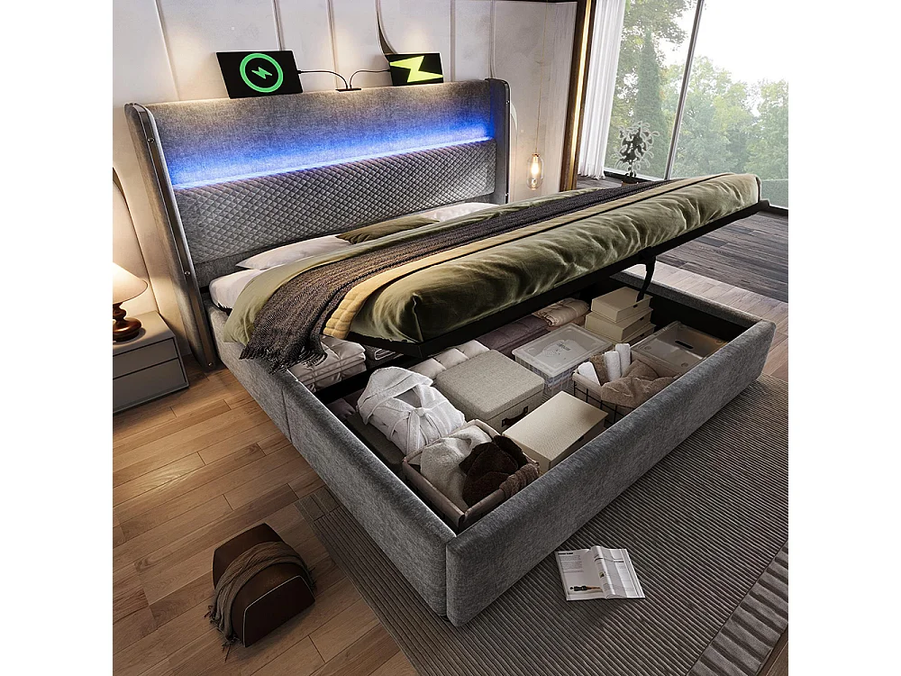 Lit coffre moderne tête lit haute double 180x200 cm éclairage LED espace rangement ports USB Type-C aspect lin gris avec matelas