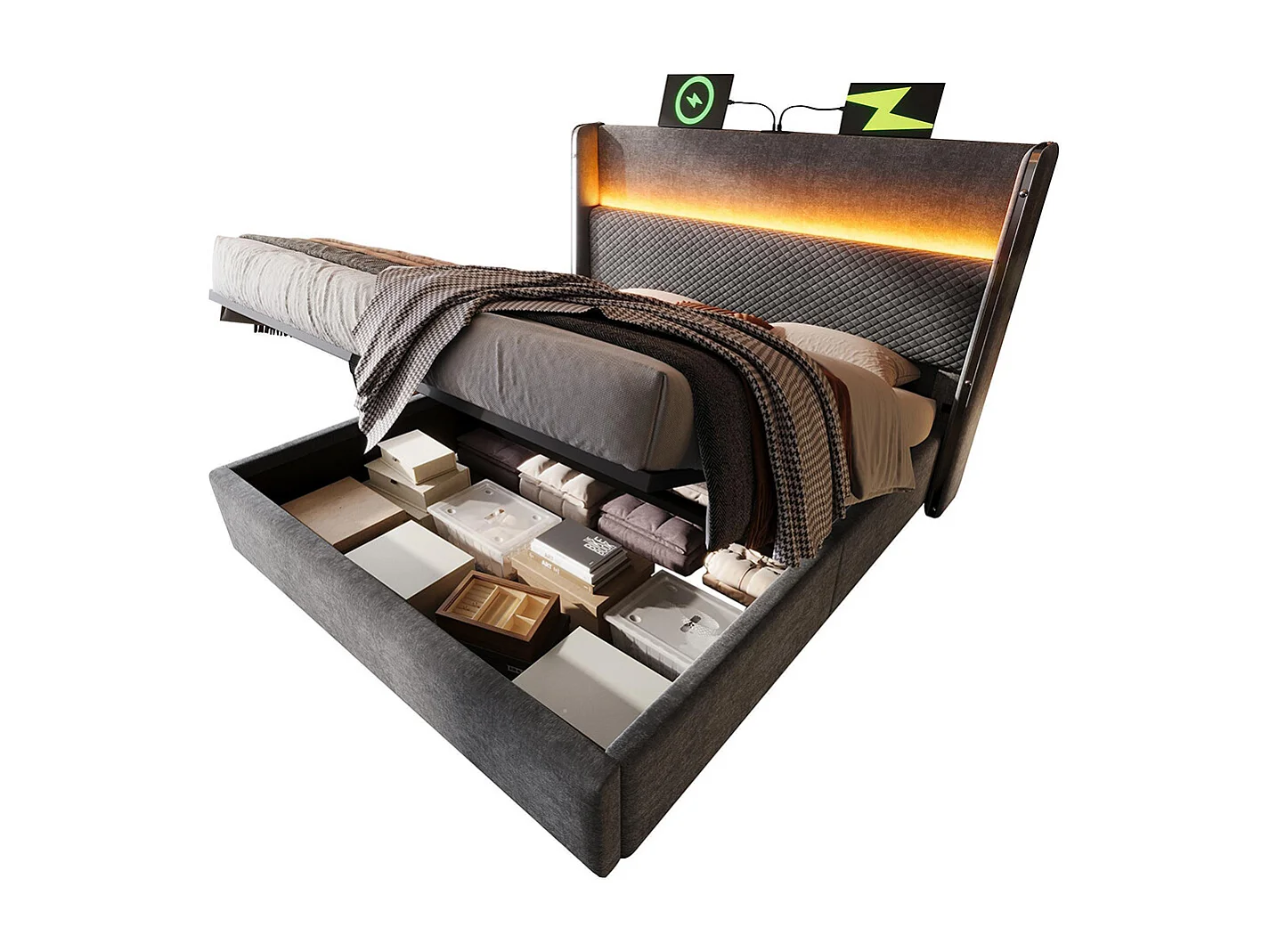 Lit coffre moderne tête lit haute double 140x200 cm éclairage LED espace rangement ports USB Type-C aspect lin gris sans matelas