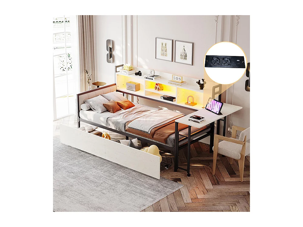 Lit combiné en fer 90x200 cm avec LED rangement tiroirs prise multifonctionnelle bureau rabattable dossier moelleux blanc