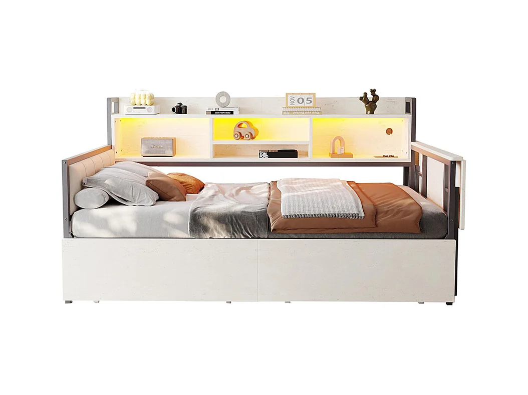 Lit combiné en fer 90x200 cm avec LED rangement tiroirs prise multifonctionnelle bureau rabattable dossier moelleux blanc