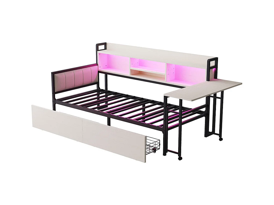 Lit combiné en fer 90x200 cm avec LED rangement tiroirs prise multifonctionnelle bureau rabattable dossier moelleux blanc