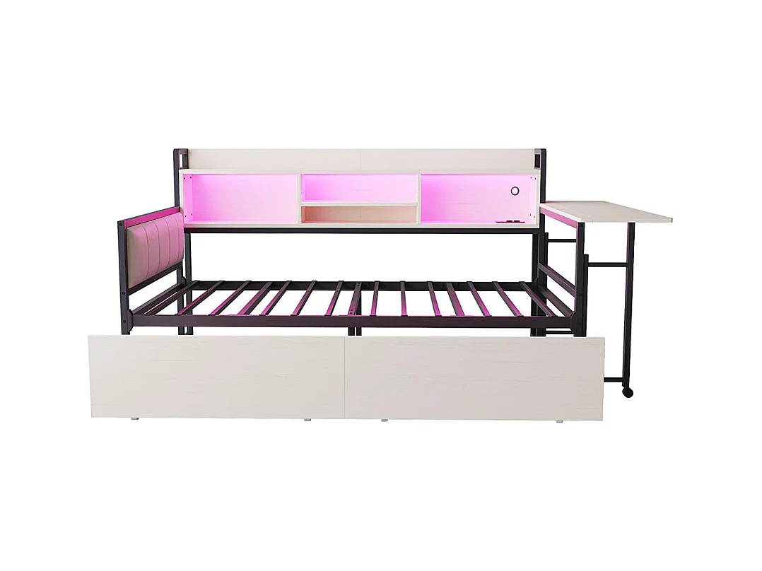 Lit combiné en fer 90x200 cm avec LED rangement tiroirs prise multifonctionnelle bureau rabattable dossier moelleux blanc