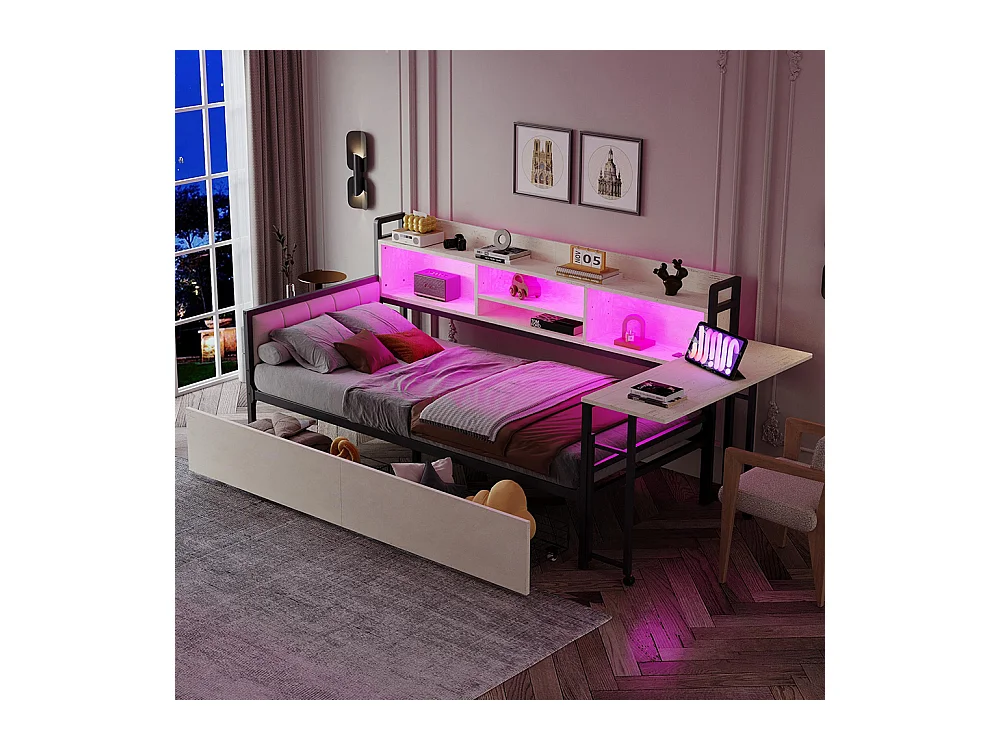 Lit combiné en fer 90x200 cm avec LED rangement tiroirs prise multifonctionnelle bureau rabattable dossier moelleux blanc