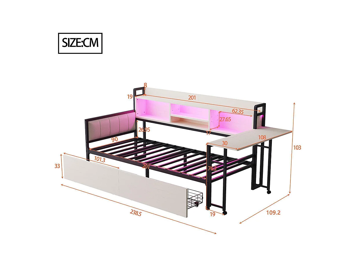 Lit combiné en fer 90x200 cm avec LED rangement tiroirs prise multifonctionnelle bureau rabattable dossier moelleux blanc