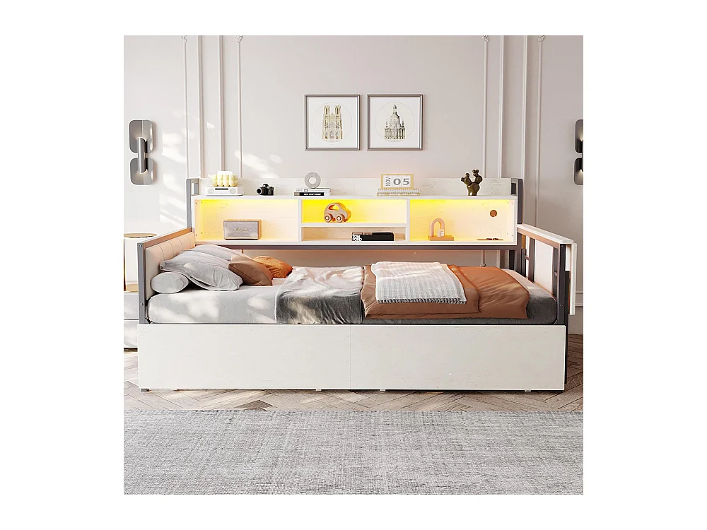 Lit combiné en fer 90x200 cm avec LED rangement tiroirs prise multifonctionnelle bureau rabattable dossier moelleux blanc