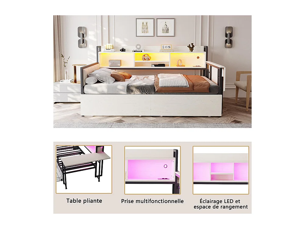 Lit combiné en fer 90x200 cm avec LED rangement tiroirs prise multifonctionnelle bureau rabattable dossier moelleux blanc