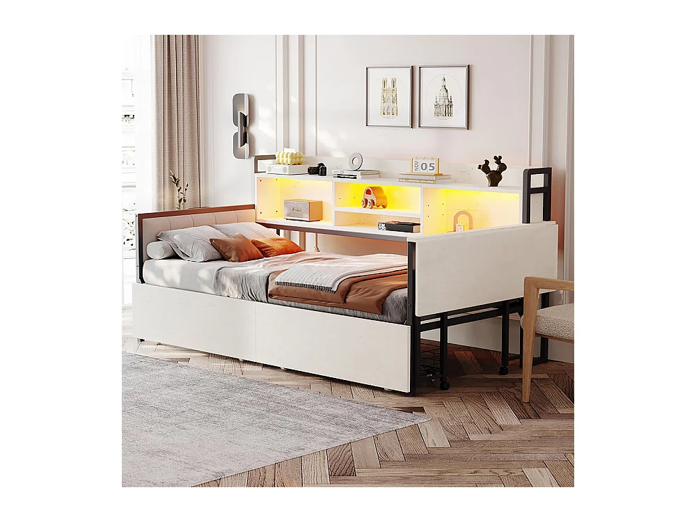 Lit combiné en fer 90x200 cm avec LED rangement tiroirs prise multifonctionnelle bureau rabattable dossier moelleux blanc