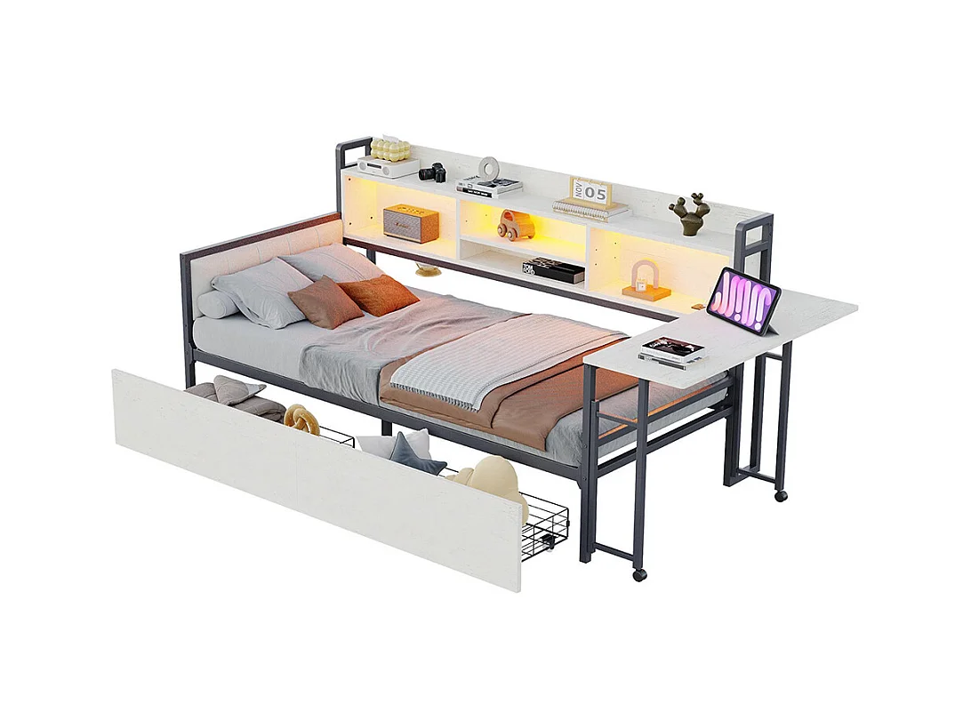 Lit combiné en fer 90x200 cm avec LED rangement tiroirs prise multifonctionnelle bureau rabattable dossier moelleux blanc
