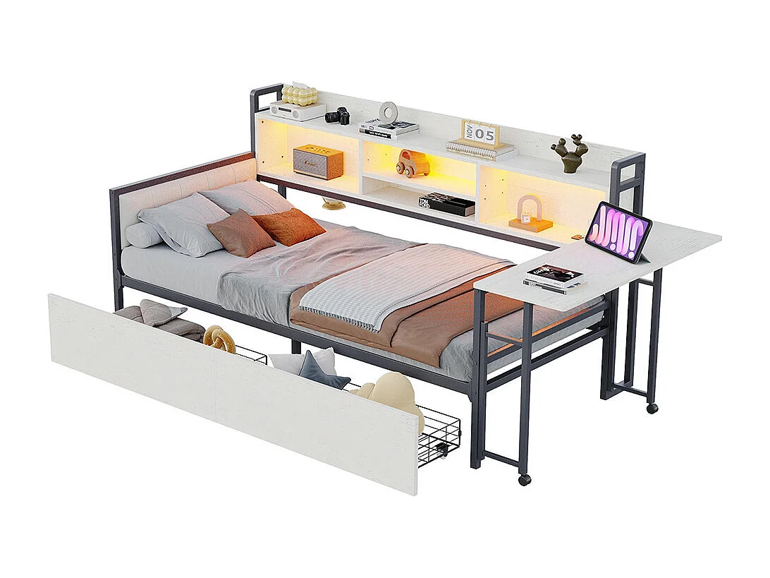 Lit combiné en fer 90x200 cm avec LED rangement tiroirs prise multifonctionnelle bureau rabattable dossier moelleux blanc
