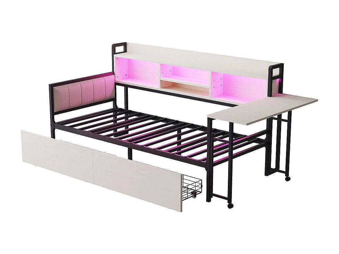 Lit combiné en fer 90x200 cm avec LED rangement tiroirs prise multifonctionnelle bureau rabattable dossier moelleux blanc