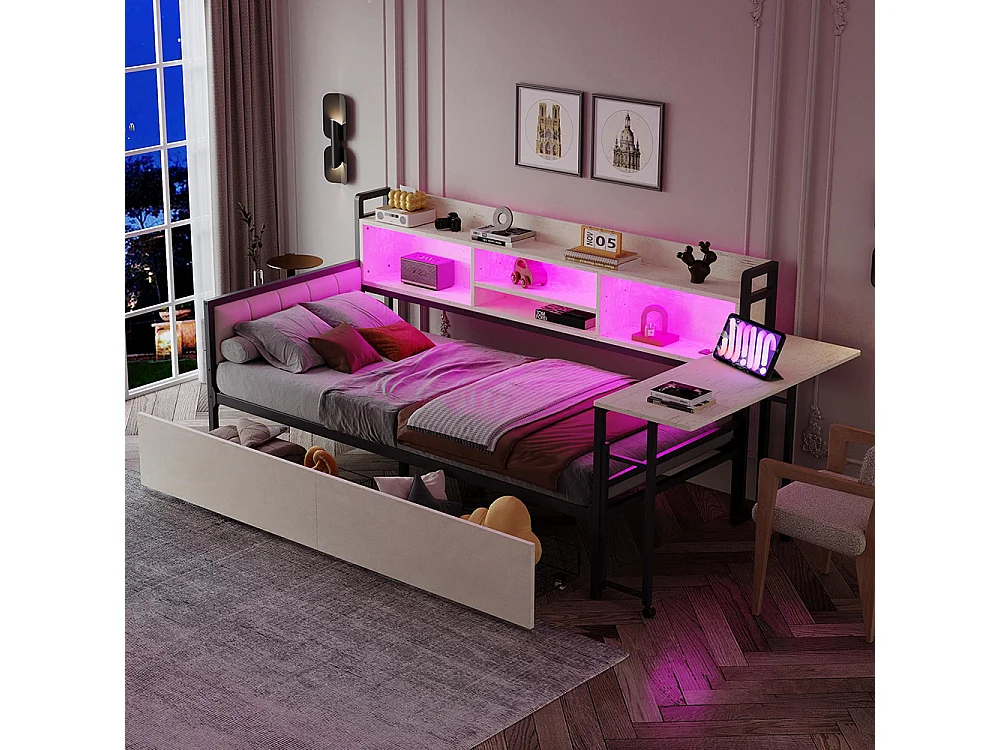 Lit combiné en fer 90x200 cm avec LED rangement tiroirs prise multifonctionnelle bureau rabattable dossier moelleux blanc