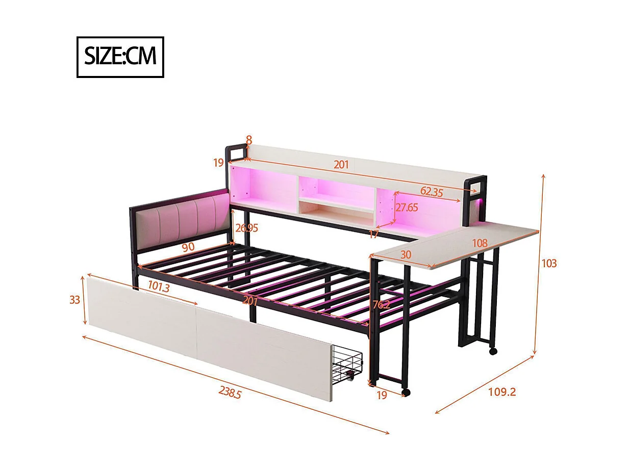 Lit combiné en fer 90x200 cm avec LED rangement tiroirs prise multifonctionnelle bureau rabattable dossier moelleux blanc